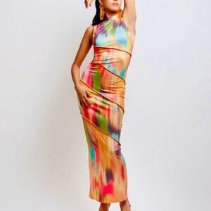Bodycon Stretchy Multicolor Sleeveless Maxi Dress w Mock Neck